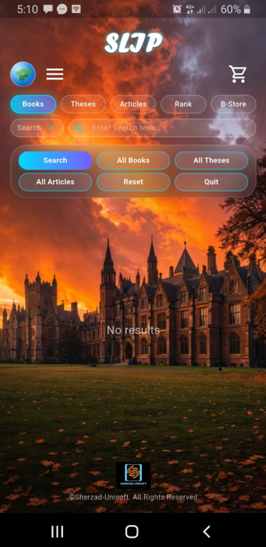 SLIP Mobile app showing books, theses, and article search